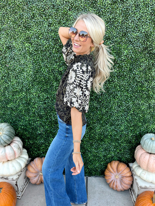Embroidered Puff Sleeve Leopard Top