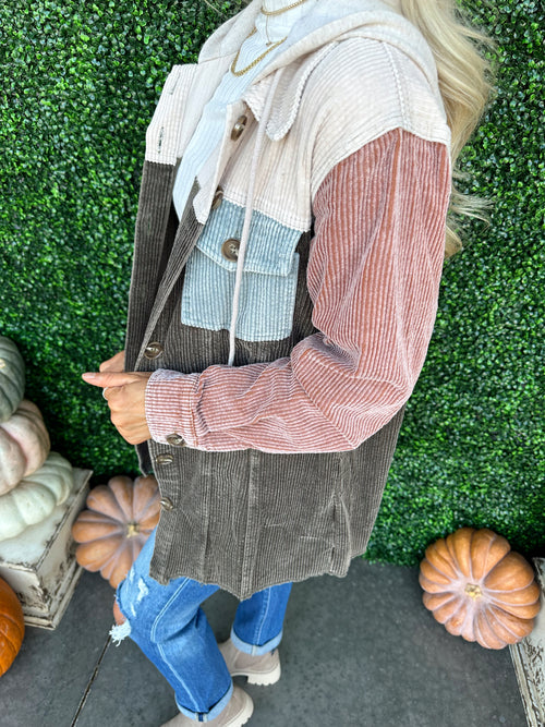 Color Block Washed Corduroy Hoodie