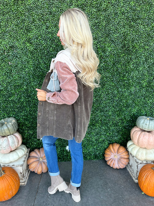 Color Block Washed Corduroy Hoodie