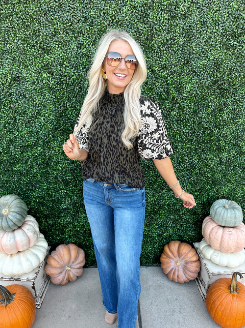 Embroidered Puff Sleeve Leopard Top
