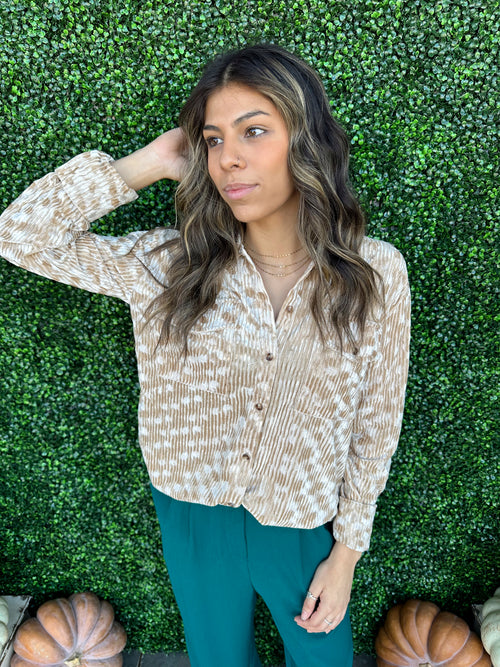 Button Down Front Pocket Velvet Top