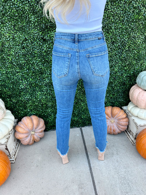 Mid Rise Raw Hem Straight Jeans