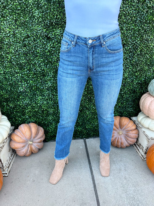 Mid Rise Raw Hem Straight Jeans