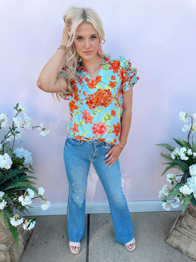 Floral ruffle sleeve top