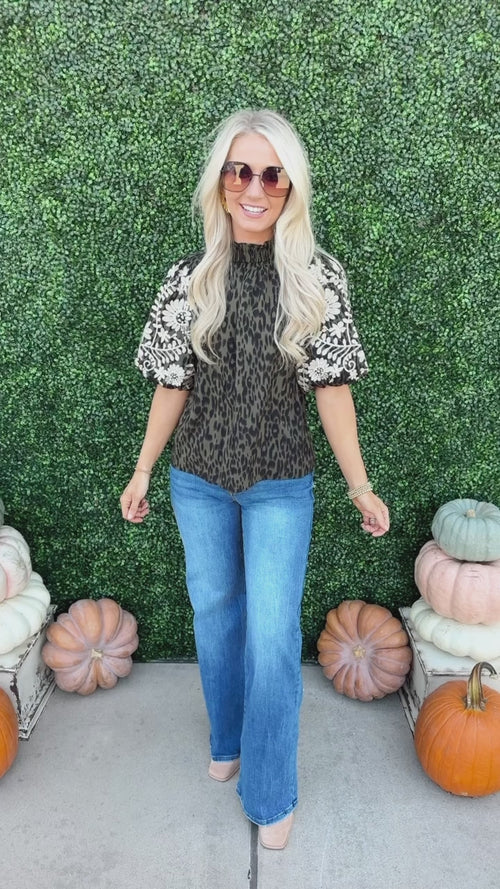 Embroidered Puff Sleeve Leopard Top