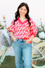 Patterned Puff Sleeve V-Neck Sweater