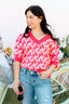 Patterned Puff Sleeve V-Neck Sweater