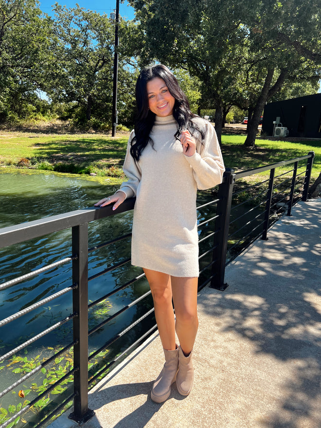 Solid Mock Neck Knit Sweater Dress