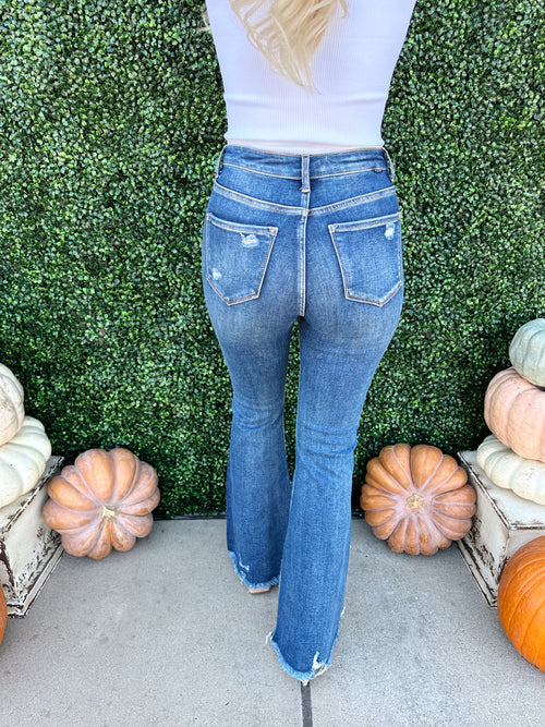 High Rise Knee Destressed Flare Jean