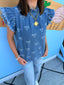 Frilled Collar Bow Detail Denim Top