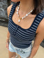 Striped Scoop Neck Henley Rib Knit Tank Top