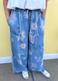 Flower Print Washed Chambray Comfy Pant