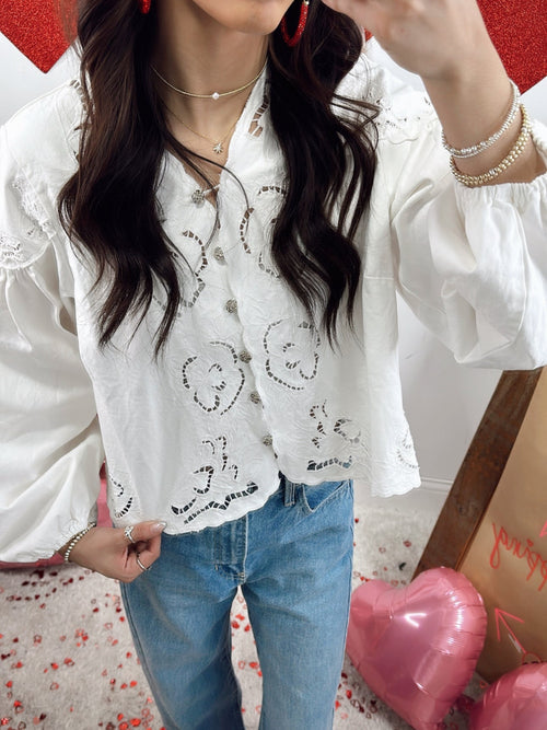 Embroidered Denim Puff Sleeve Top