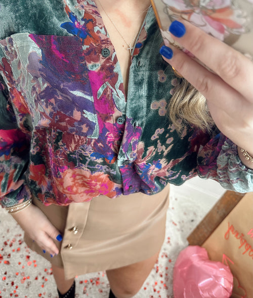 Abstract Print Velvet Button Down