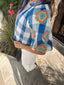 Embroidered Sleeve Checkered Top