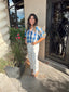 Embroidered Sleeve Checkered Top