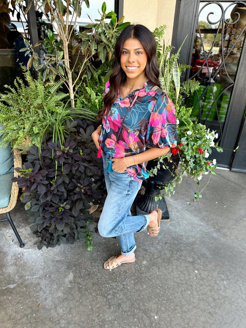 Puff Sleeve Flower Print Top