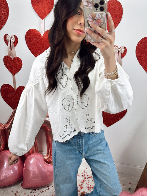 Embroidered Denim Puff Sleeve Top